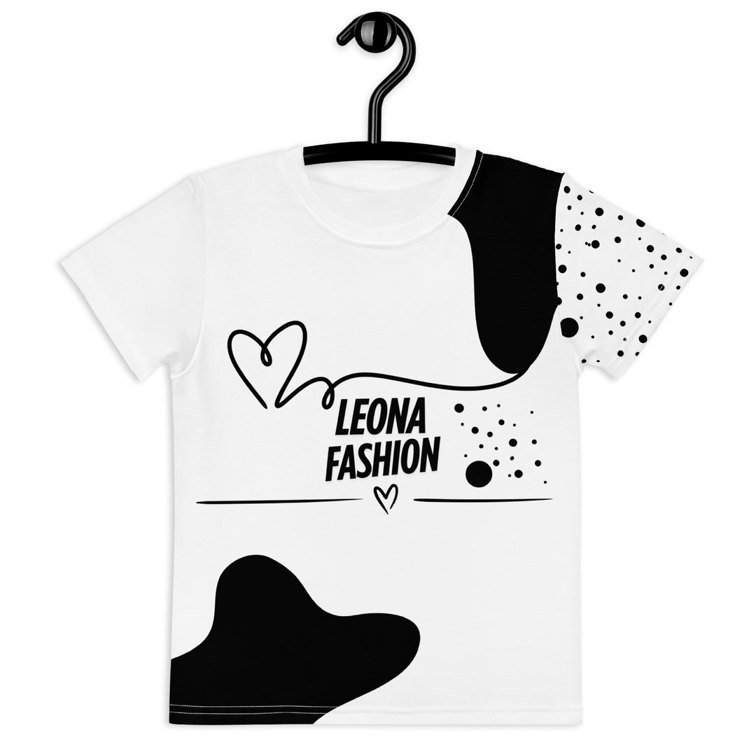Dot & Line Girls T-shirt, white background with black spots, lines, and a heart on the front, black dots on the left sleeve, and a black heart with a line detail near the bottom on the back, front view on hanger-with a visible 'Leona Fashion' text on the design