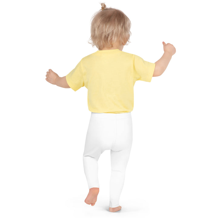  Elephant Whispers Girls Leggings, white background with gray elephant in profile on one leg, visible trunk, and soft blush pink stripe detail across the head, back angle with relaxed pose on model