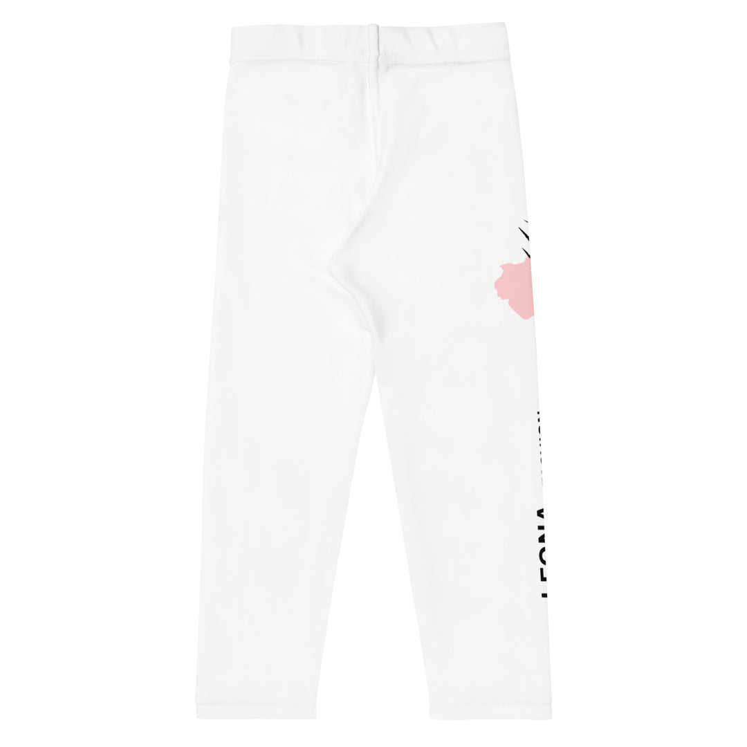 Elephant Whispers Girls Leggings, white background with gray elephant in profile on one leg, visible trunk, and soft blush pink stripe detail across the head, back view