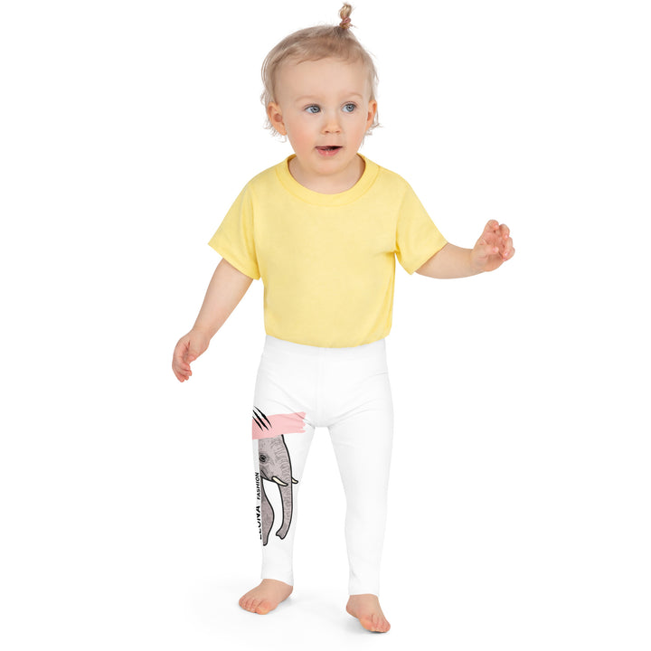  Elephant Whispers Girls Leggings, white background with gray elephant in profile on one leg, visible trunk, and soft blush pink stripe detail across the head, front close-up view on model-with a visible 'Leona Fashion' text on the design