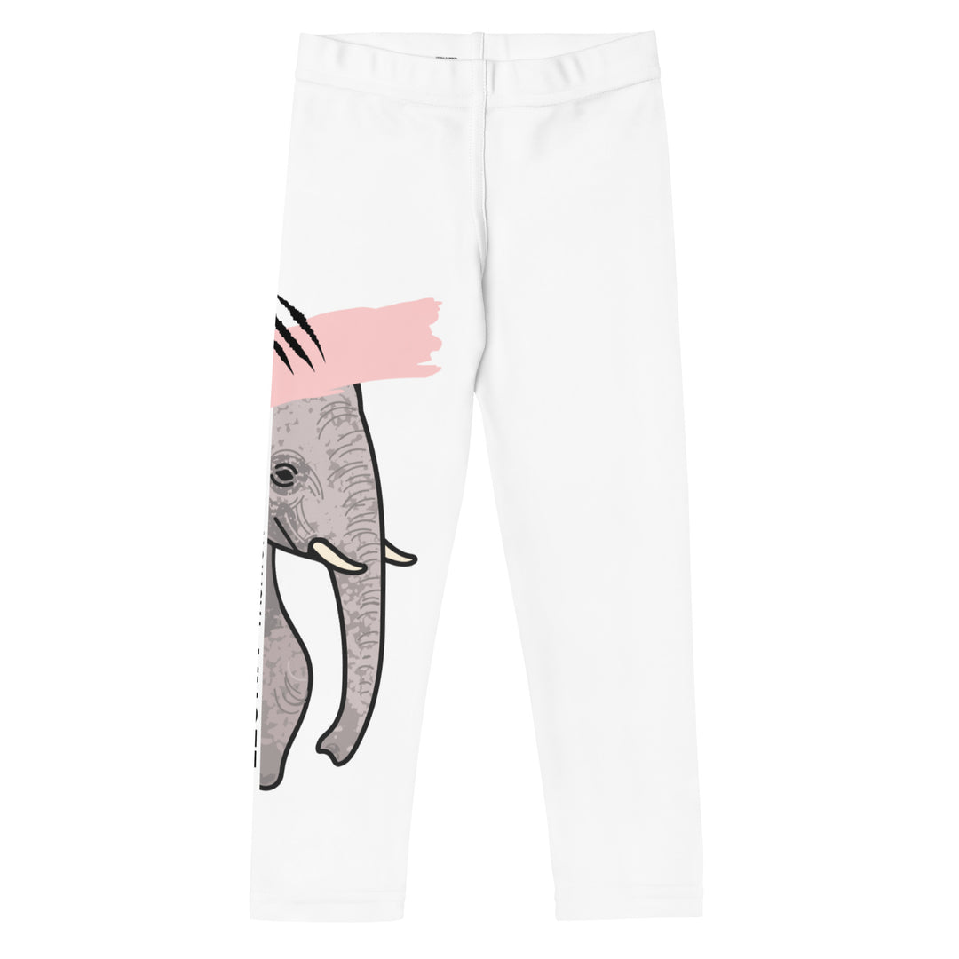 Elephant Whispers Girls Leggings, white background with gray elephant in profile on one leg, visible trunk, and soft blush pink stripe detail across the head, front view