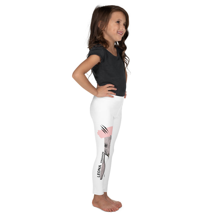  Elephant Whispers Girls Leggings, white background with gray elephant in profile on one leg, visible trunk, and soft blush pink stripe detail across the head, right side view on model-with a visible 'Leona Fashion' text on the design