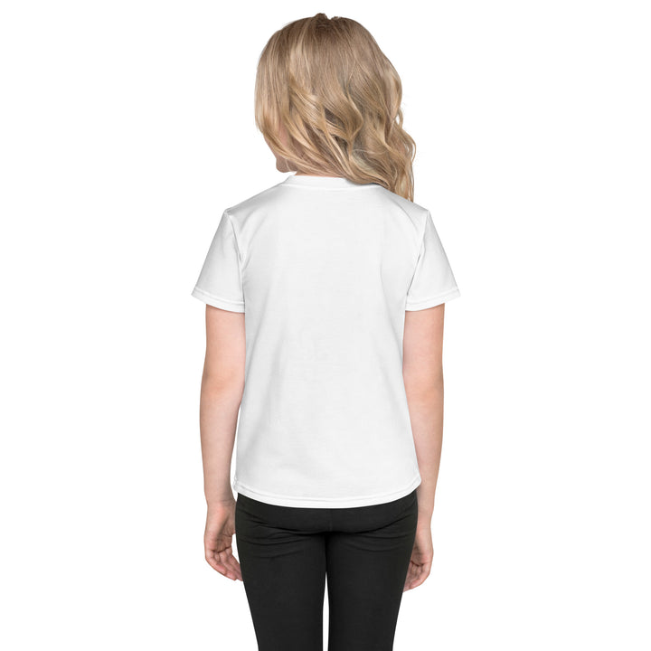  Elephant Whispers Girls T-shirt, white background with gray elephant in profile on one side, visible trunk, and soft blush pink stripe detail across the head, back view on model
