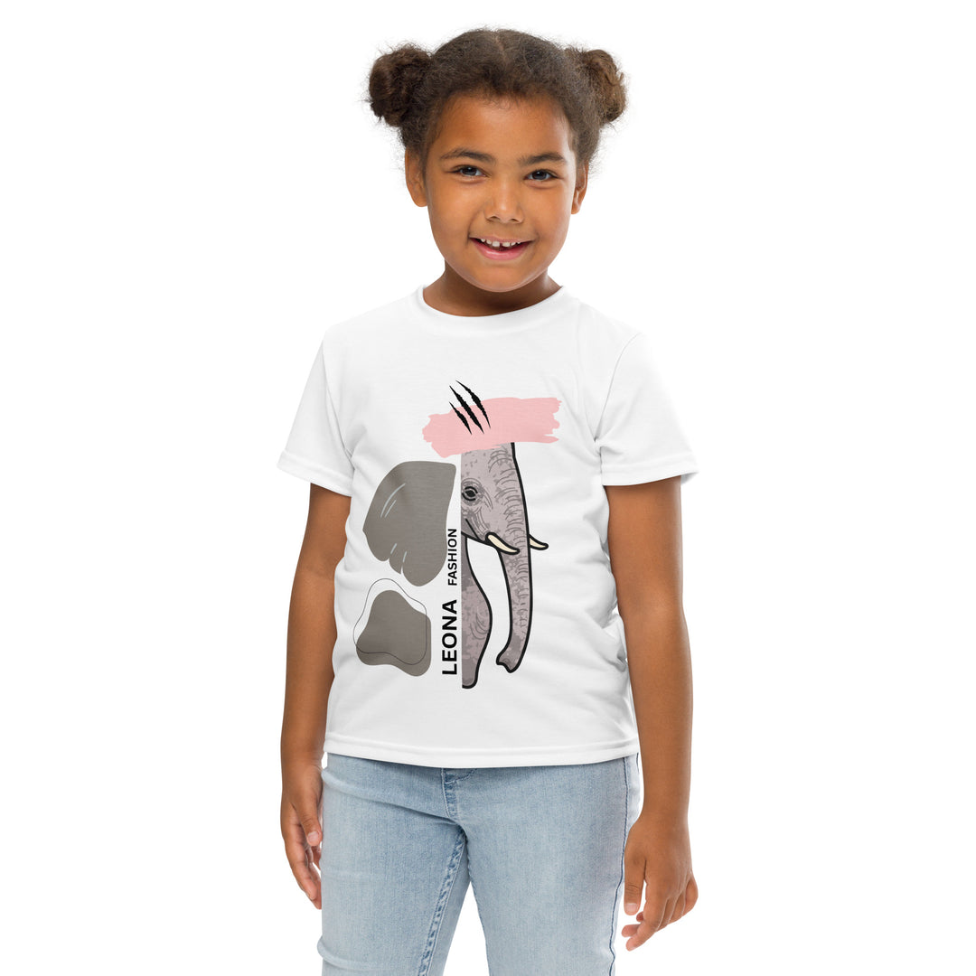  Elephant Whispers Girls T-shirt, white background with gray elephant in profile on one side, visible trunk, and soft blush pink stripe detail across the head, front pose with arms extended on model-with a visible 'Leona Fashion' text on the design