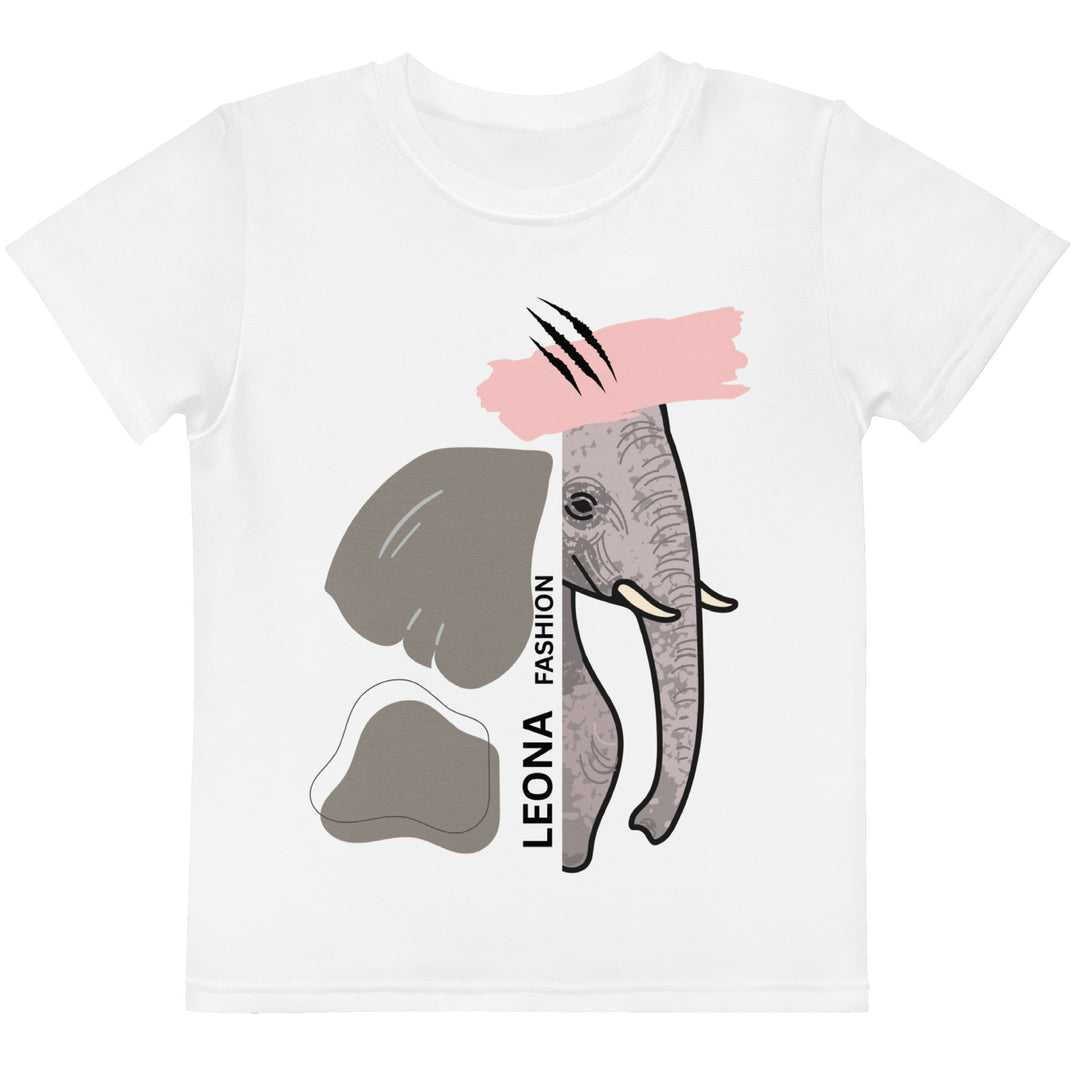  Elephant Whispers Girls T-shirt, white background with gray elephant in profile on one side, visible trunk, and soft blush pink stripe detail across the head, front view-with a visible 'Leona Fashion' text on the design