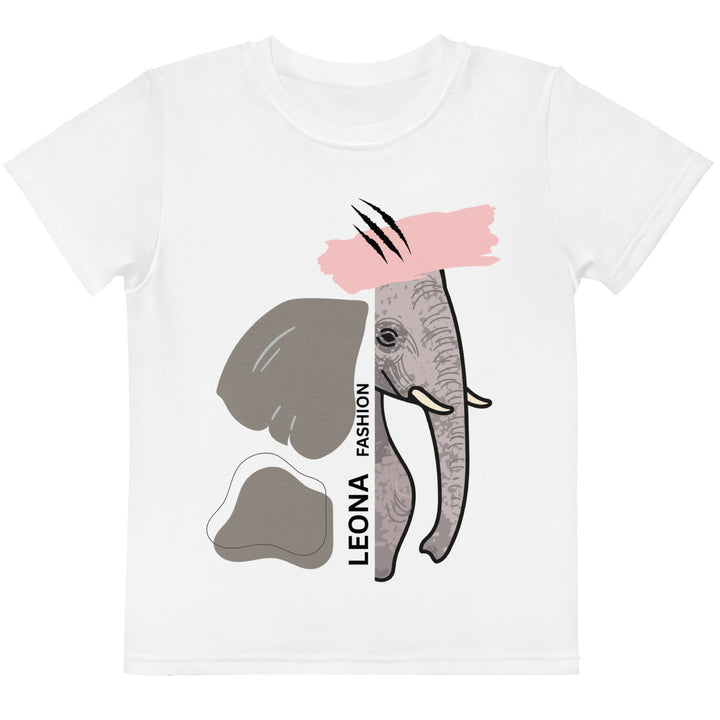 Elephant Whispers Girls T-shirt, white background with gray elephant in profile on one side, visible trunk, and soft blush pink stripe detail across the head, front view-with a visible 'Leona Fashion' text on the design
