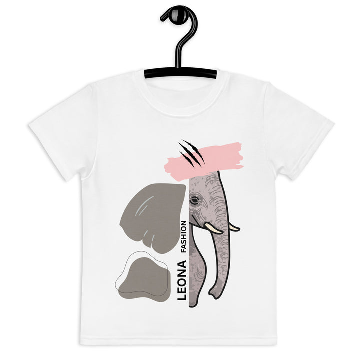 Elephant Whispers Girls T-shirt, white background with gray elephant in profile on one side, visible trunk, and soft blush pink stripe detail across the head, front view on hanger-with a visible 'Leona Fashion' text on the design