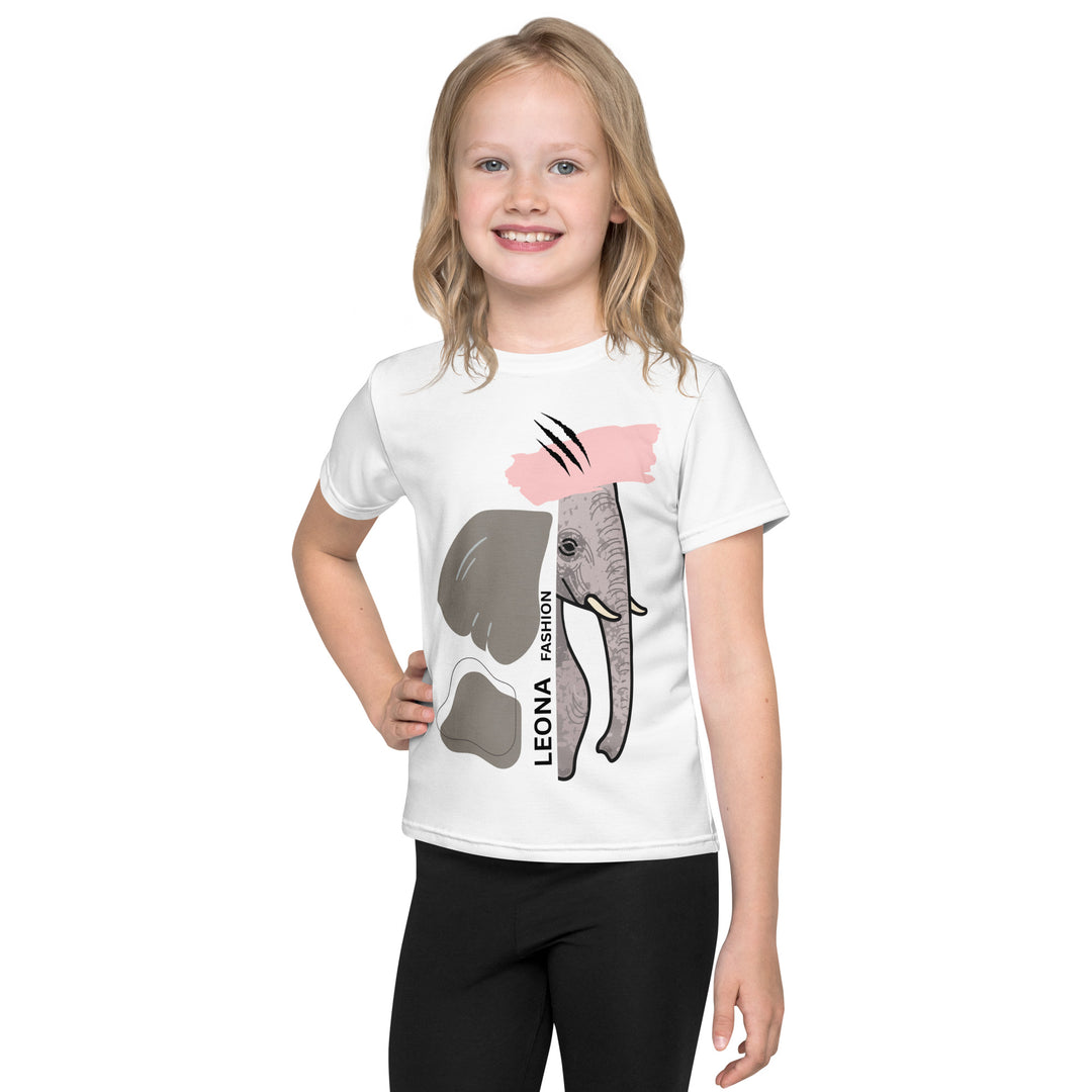 Elephant Whispers Girls T-shirt, white background with gray elephant in profile on one side, visible trunk, and soft blush pink stripe detail across the head, front view on model-with a visible 'Leona Fashion' text on the design