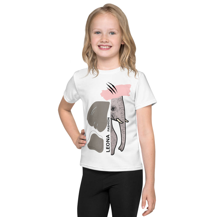 Elephant Whispers Girls T-shirt, white background with gray elephant in profile on one side, visible trunk, and soft blush pink stripe detail across the head, front view on model-with a visible 'Leona Fashion' text on the design
