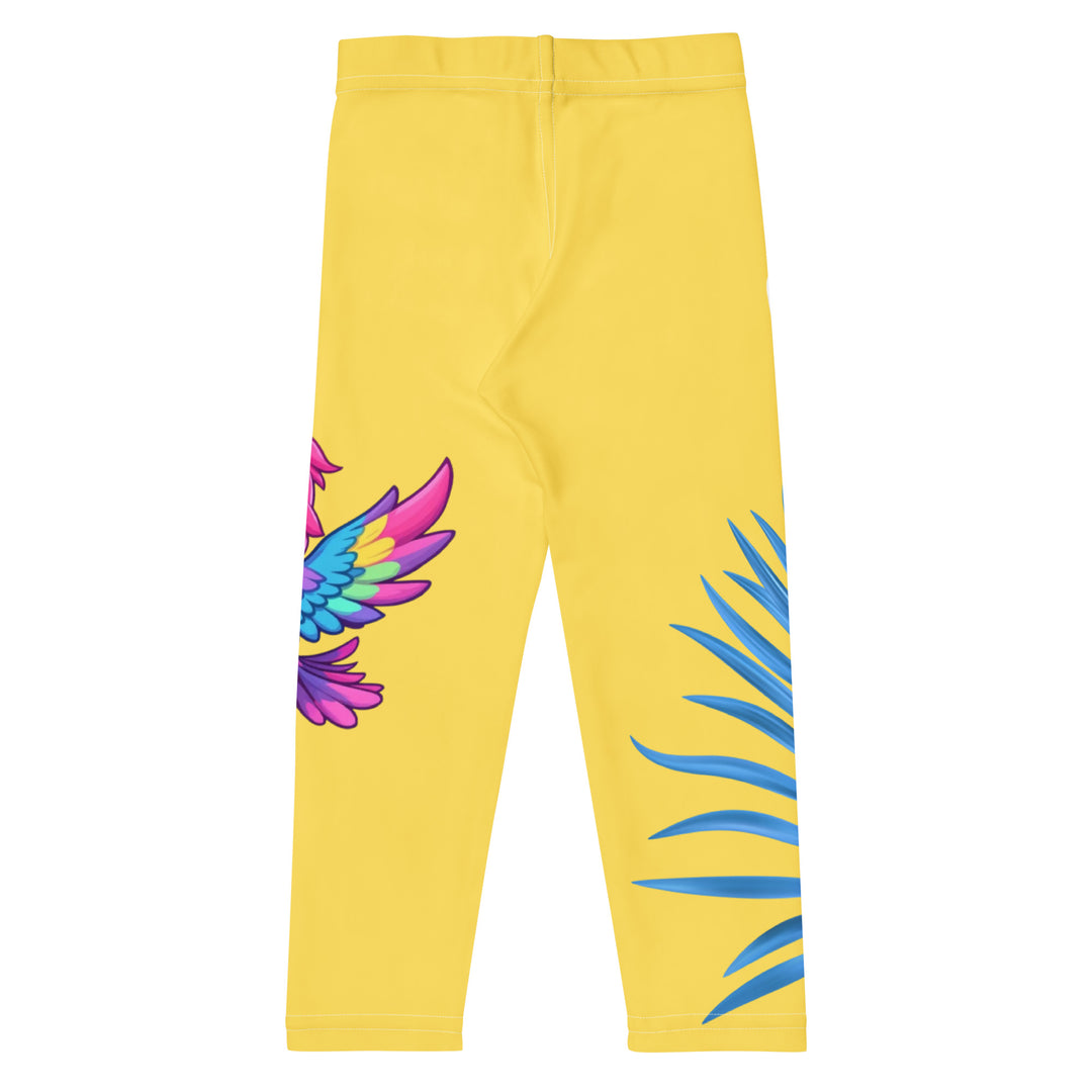 Fly Baby Parrot Girls Leggings, yellow background with a small pink baby parrot with spread wings on one leg, and a large blue tropical leaf with "I CAN DO IT" text in blue and pink letters above it on the other leg, back view