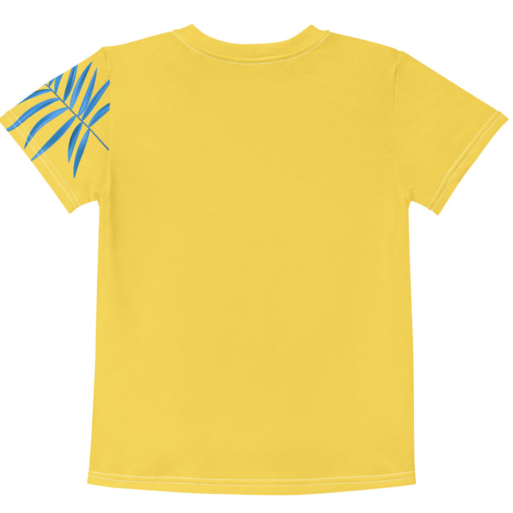 Fly Baby Parrot Girls T-shirt, yellow background with a small pink baby parrot with spread wings on the front, "I CAN DO IT" text in blue and pink letters below, and a blue tropical leaf on the left sleeve, back view