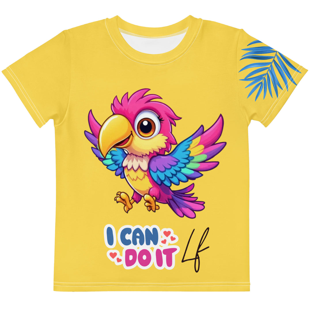Fly Baby Parrot Girls T-shirt, yellow background with a small pink baby parrot with spread wings on the front, "I CAN DO IT" text in blue and pink letters below, and a blue tropical leaf on the left sleeve, front view