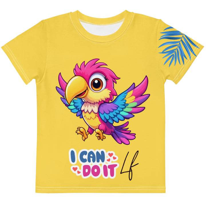 Fly Baby Parrot Girls T-shirt, yellow background with a small pink baby parrot with spread wings on the front, "I CAN DO IT" text in blue and pink letters below, and a blue tropical leaf on the left sleeve, front view