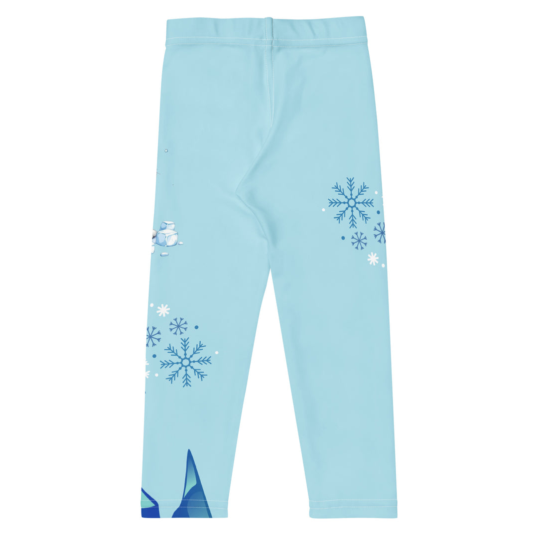 Frosty Seal Girls Leggings, light sky blue background with a white baby seal, blue and white snowflakes, and an ice block on one leg, and blue and white ice cubes with snowflakes on the other leg, back view
