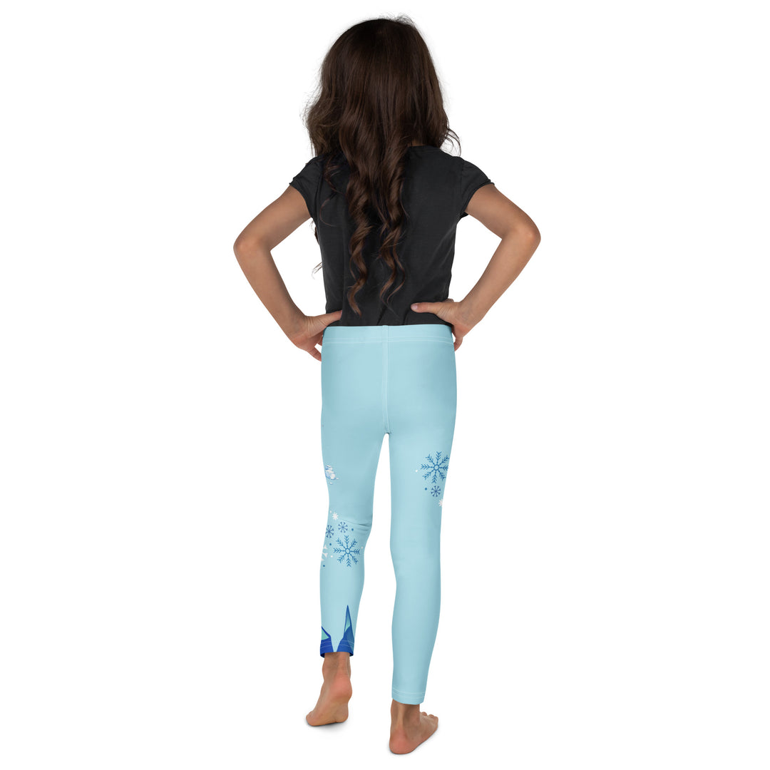 Frosty Seal Girls Leggings, light sky blue background with a white baby seal, blue and white snowflakes, and an ice block on one leg, and blue and white ice cubes with snowflakes on the other leg, back view on model