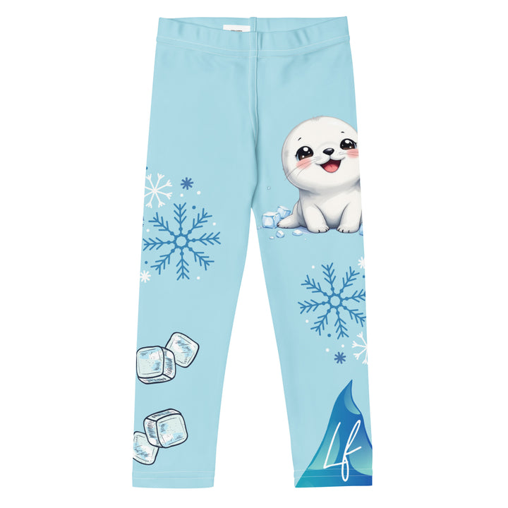  Frosty Seal Girls Leggings, light sky blue background with a white baby seal, blue and white snowflakes, and an ice block on one leg, and blue and white ice cubes with snowflakes on the other leg, front view