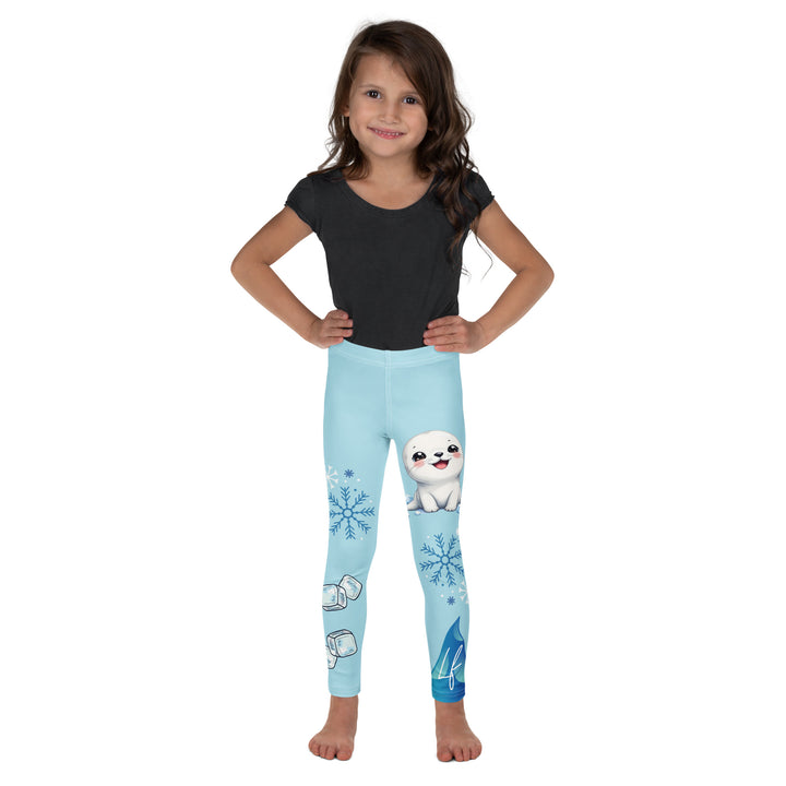Frosty Seal Girls Leggings, light sky blue background with a white baby seal, blue and white snowflakes, and an ice block on one leg, and blue and white ice cubes with snowflakes on the other leg, front view on model
