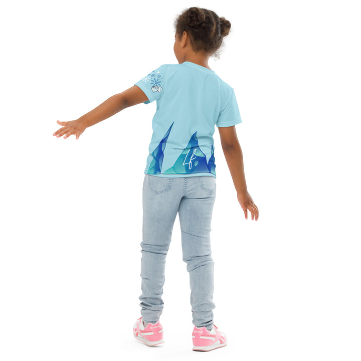  Frosty Seal Girls T-shirt, light sky blue background with a white baby seal surrounded by ice cubes on the front, blue and white snowflakes on the left sleeve, and an icy blue iceberg on the back, back pose on model