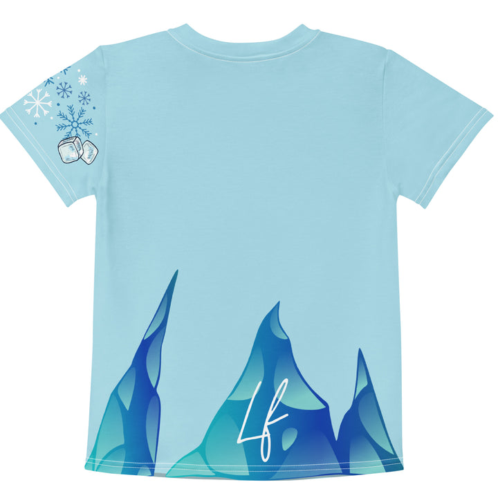 Frosty Seal Girls T-shirt, light sky blue background with a white baby seal surrounded by ice cubes on the front, blue and white snowflakes on the left sleeve, and an icy blue iceberg on the back, back view
