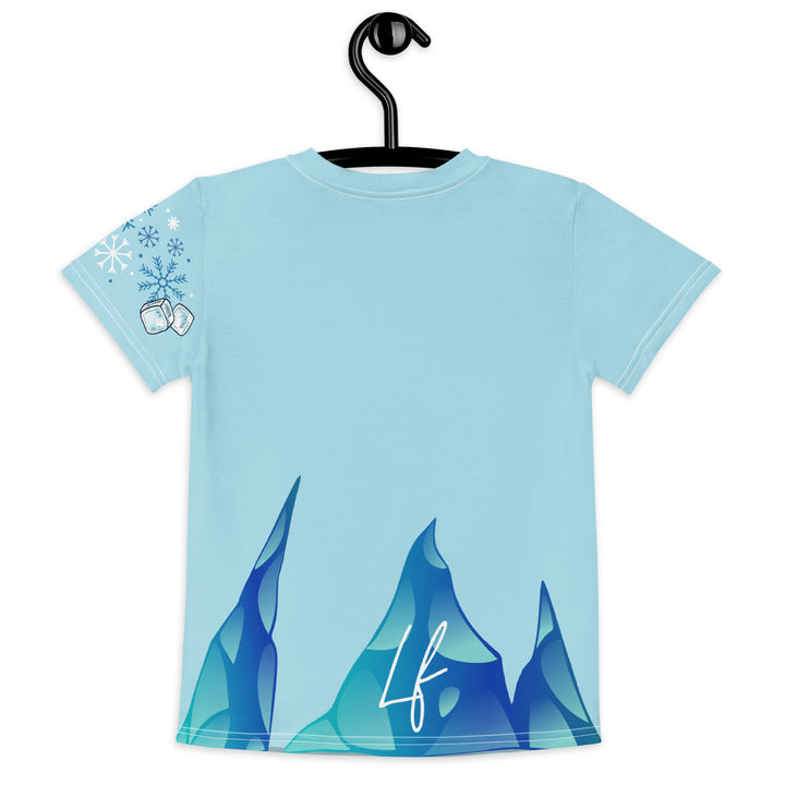  Frosty Seal Girls T-shirt, light sky blue background with a white baby seal surrounded by ice cubes on the front, blue and white snowflakes on the left sleeve, and an icy blue iceberg on the back, back view on hanger