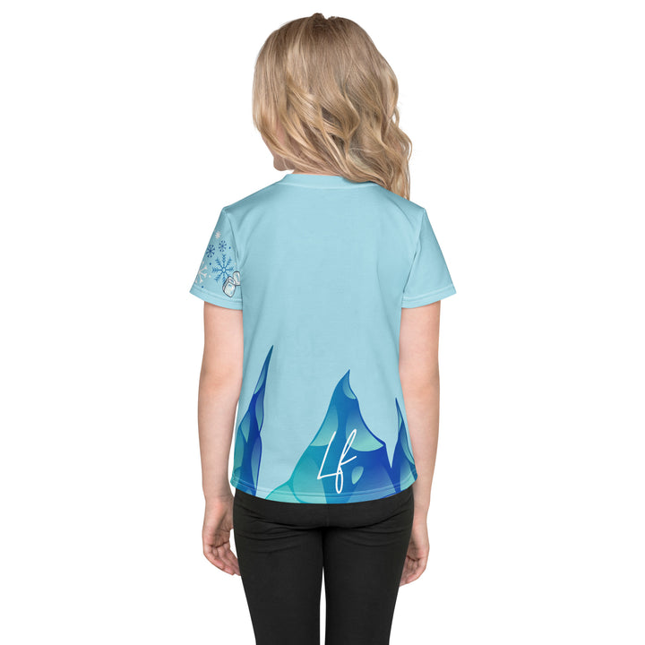 Frosty Seal Girls T-shirt, light sky blue background with a white baby seal surrounded by ice cubes on the front, blue and white snowflakes on the left sleeve, and an icy blue iceberg on the back, back view on model