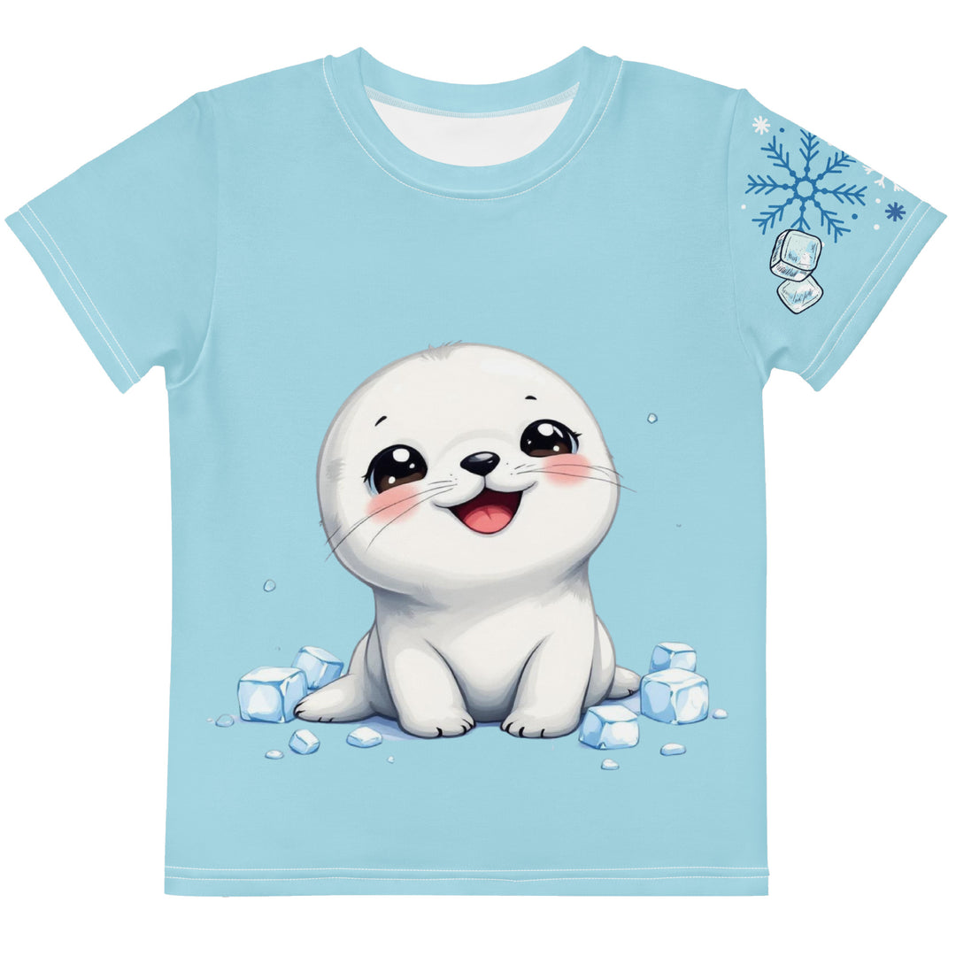 Frosty Seal Girls T-shirt, light sky blue background with a white baby seal surrounded by ice cubes on the front, blue and white snowflakes on the left sleeve, and an icy blue iceberg on the back, front view