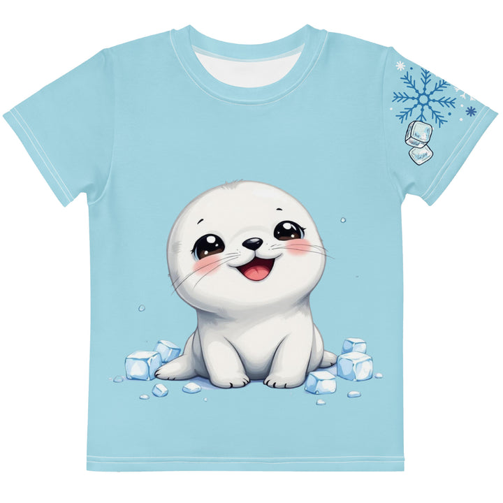 Frosty Seal Girls T-shirt, light sky blue background with a white baby seal surrounded by ice cubes on the front, blue and white snowflakes on the left sleeve, and an icy blue iceberg on the back, front view