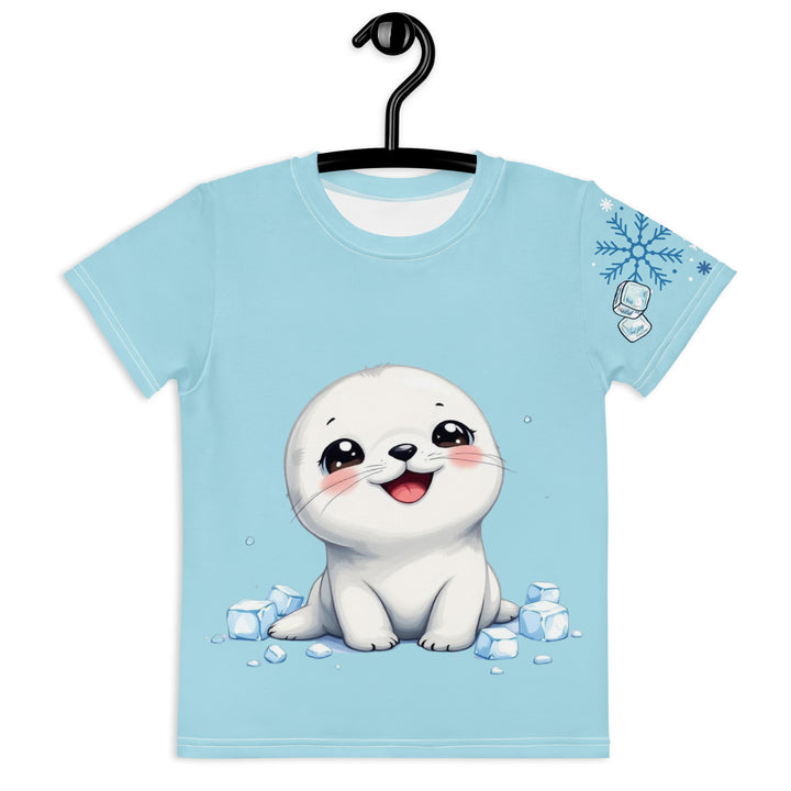 Frosty Seal Girls T-shirt, light sky blue background with a white baby seal surrounded by ice cubes on the front, blue and white snowflakes on the left sleeve, and an icy blue iceberg on the back, front view on hanger