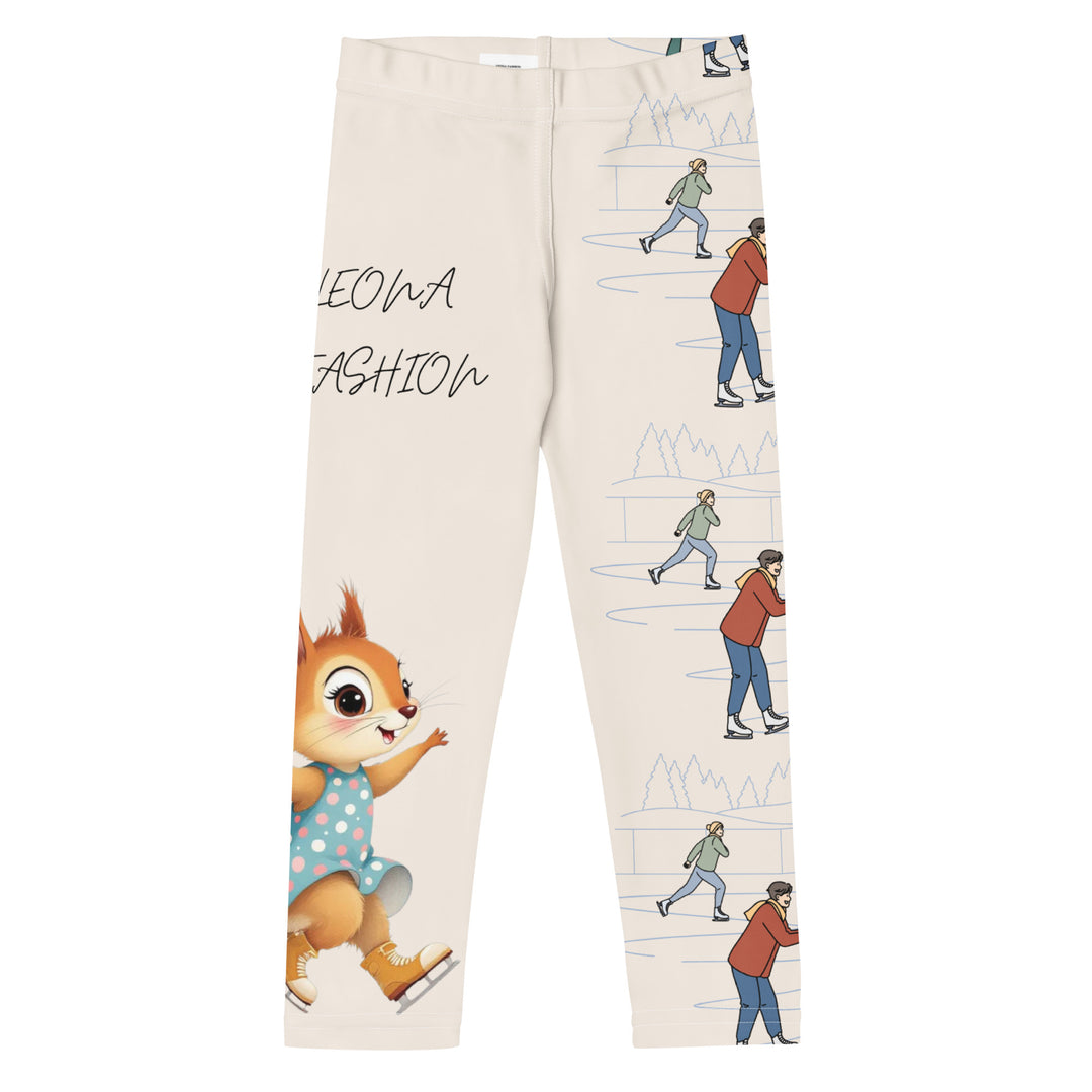 Frosty Twirl Squirrel Girls Leggings, beige background with a brown squirrel ice skating in a blue polka dot dress on one leg, ice trail lines, mountains, and small ice skaters along the other leg, in blue, brown, and orange tones, front view-with a visible 'Leona Fashion' text on the design