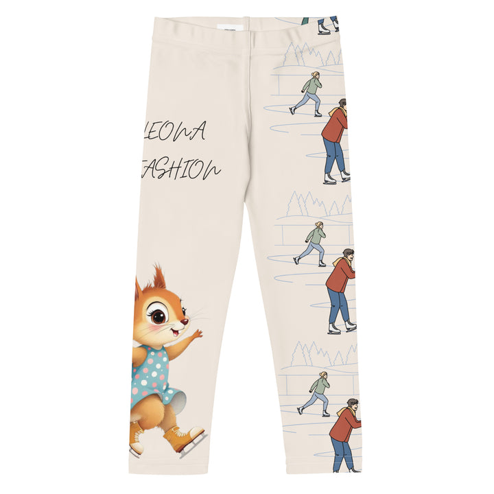 Frosty Twirl Squirrel Girls Leggings, beige background with a brown squirrel ice skating in a blue polka dot dress on one leg, ice trail lines, mountains, and small ice skaters along the other leg, in blue, brown, and orange tones, front view-with a visible 'Leona Fashion' text on the design