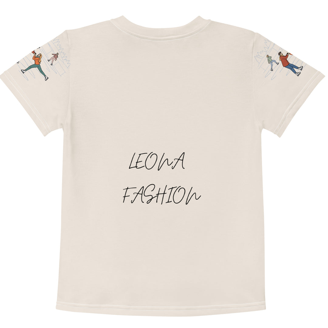 Frosty Twirl Squirrel Girls T-shirt, beige background with a brown squirrel ice skating in a blue polka dot dress on the front, ice trail lines on the sleeves, mountains and ice skaters on the back, in blue, brown, and orange tones, back view-with a visible 'Leona Fashion' text on the design