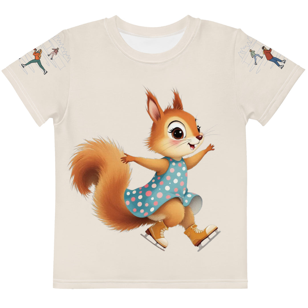 Frosty Twirl Squirrel Girls T-shirt, beige background with a brown squirrel ice skating in a blue polka dot dress on the front, ice trail lines on the sleeves, mountains and ice skaters on the back, in blue, brown, and orange tones, front view