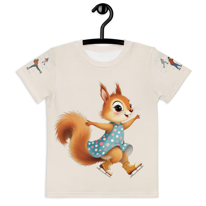 Frosty Twirl Squirrel Girls T-shirt, beige background with a brown squirrel ice skating in a blue polka dot dress on the front, ice trail lines on the sleeves, mountains and ice skaters on the back, in blue, brown, and orange tones, front view on hanger