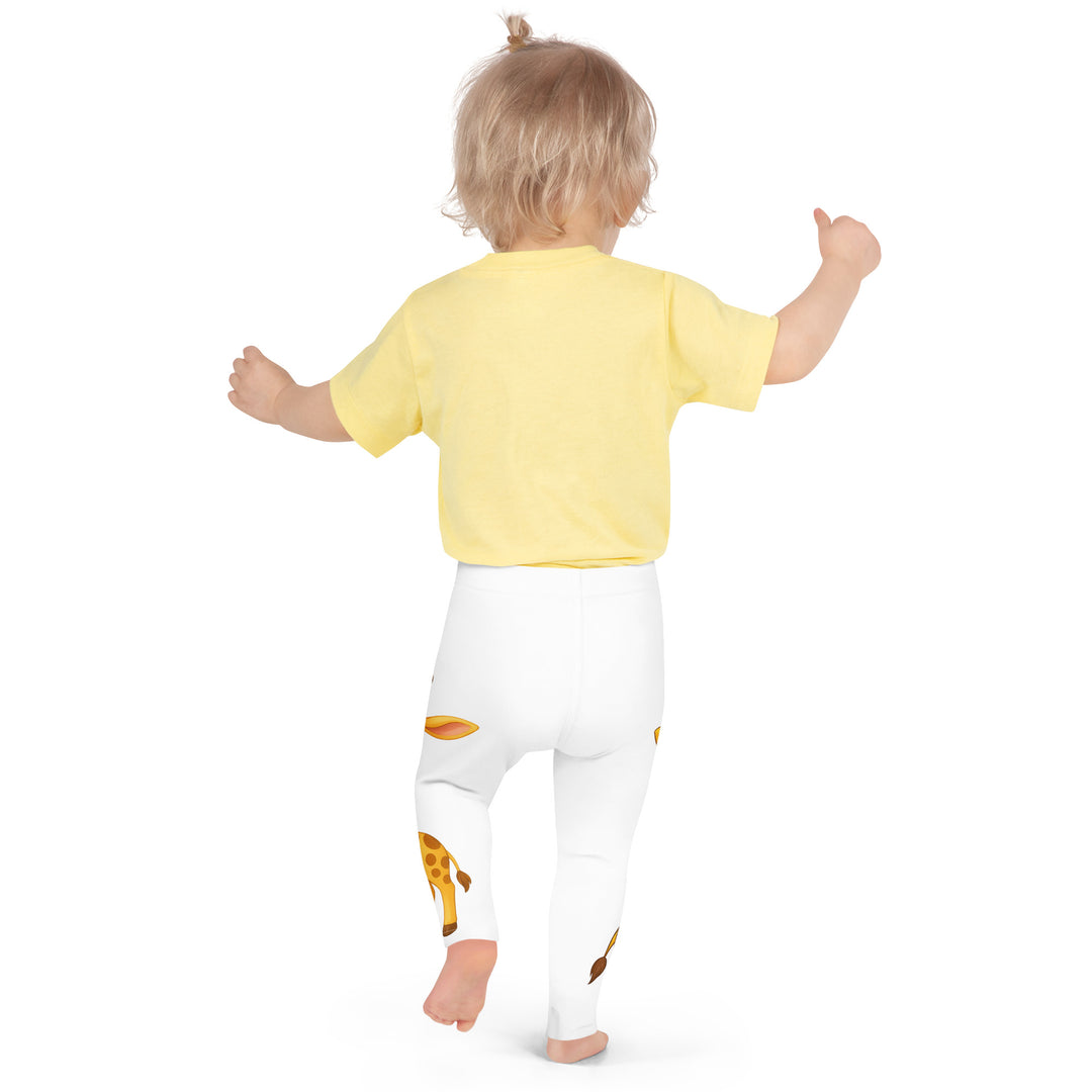 Giraffe Love Girls Leggings, white background with a full-length girl giraffe wearing a big pink bow around her neck on one leg, and a full-length boy giraffe with a blue bow around his neck on the other leg, back pose with one arm on hip on model