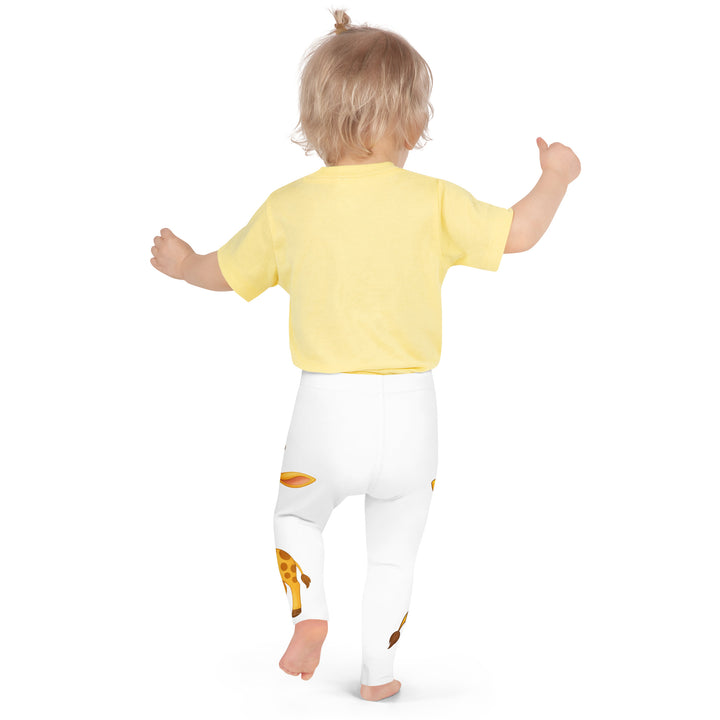 Giraffe Love Girls Leggings, white background with a full-length girl giraffe wearing a big pink bow around her neck on one leg, and a full-length boy giraffe with a blue bow around his neck on the other leg, back pose with one arm on hip on model