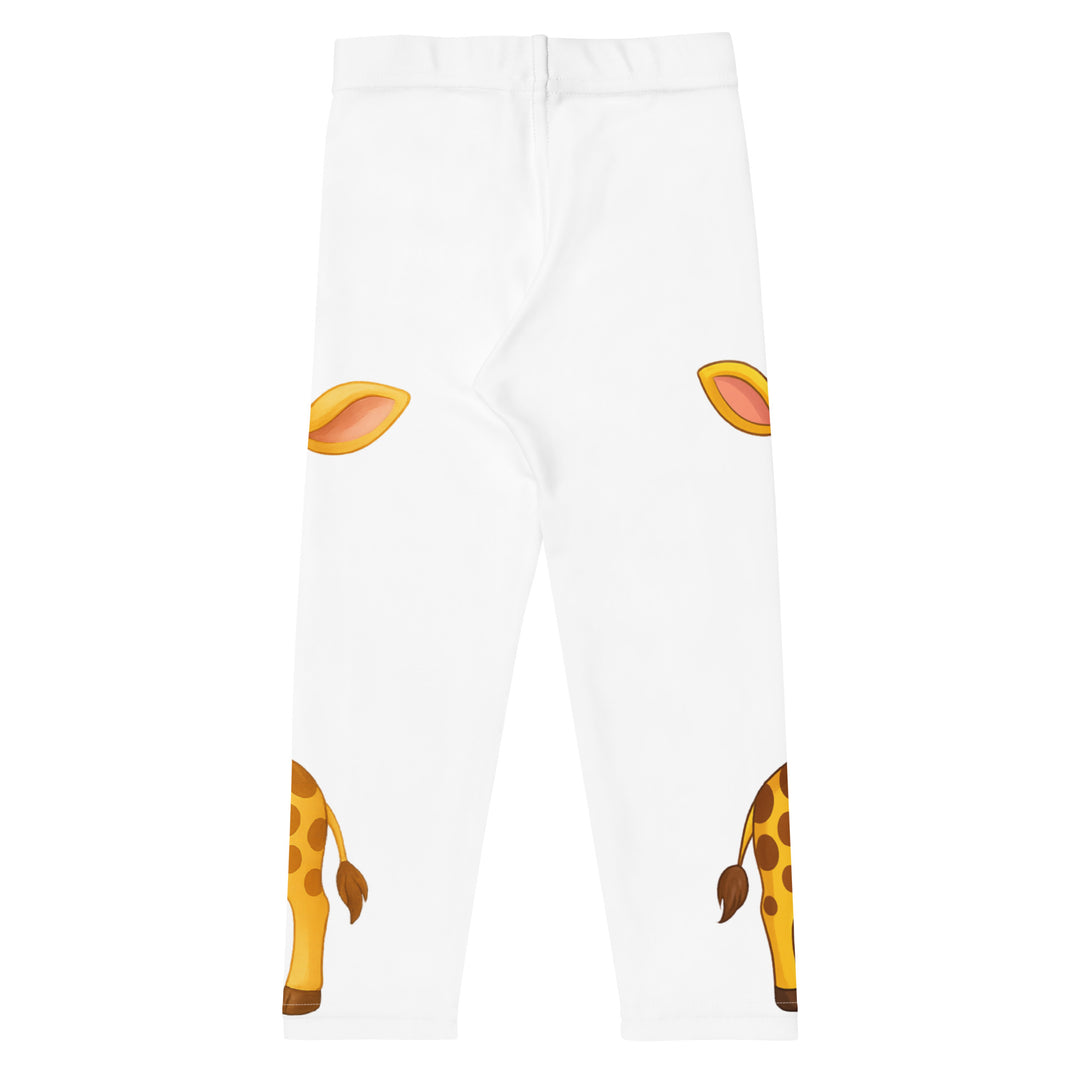 Giraffe Love Girls Leggings, white background with a full-length girl giraffe wearing a big pink bow around her neck on one leg, and a full-length boy giraffe with a blue bow around his neck on the other leg, back view