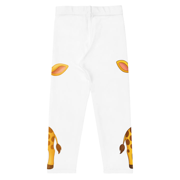 Giraffe Love Girls Leggings, white background with a full-length girl giraffe wearing a big pink bow around her neck on one leg, and a full-length boy giraffe with a blue bow around his neck on the other leg, back view