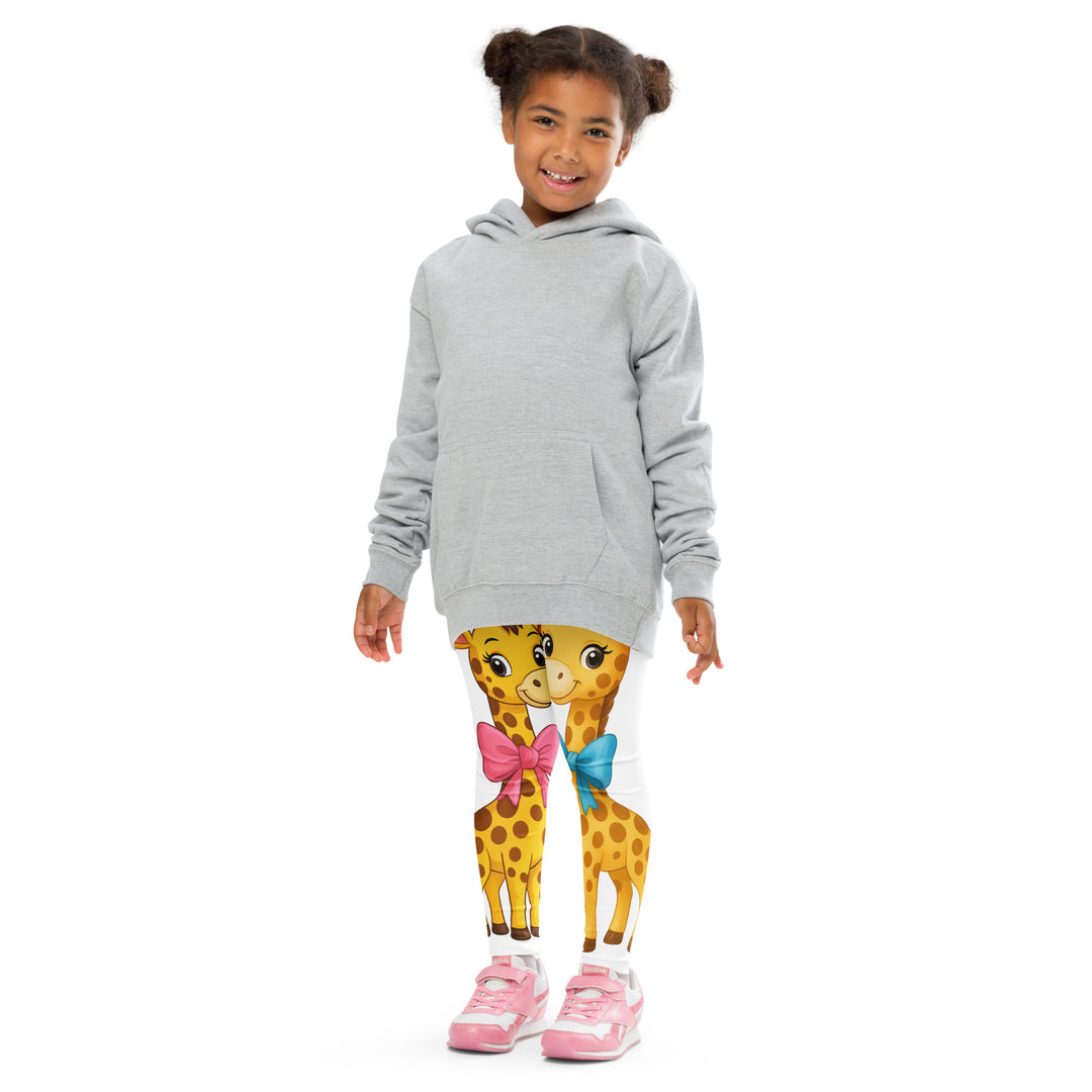  Giraffe Love Girls Leggings, white background with a full-length girl giraffe wearing a big pink bow around her neck on one leg, and a full-length boy giraffe with a blue bow around his neck on the other leg, front pose with arms at sides on model