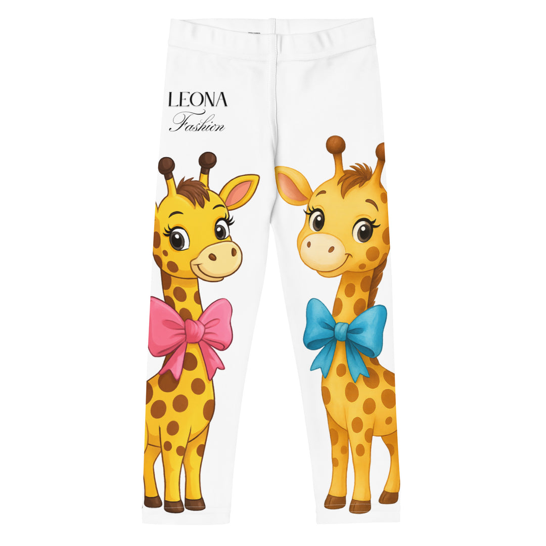  Giraffe Love Girls Leggings, white background with a full-length girl giraffe wearing a big pink bow around her neck on one leg, and a full-length boy giraffe with a blue bow around his neck on the other leg, front view