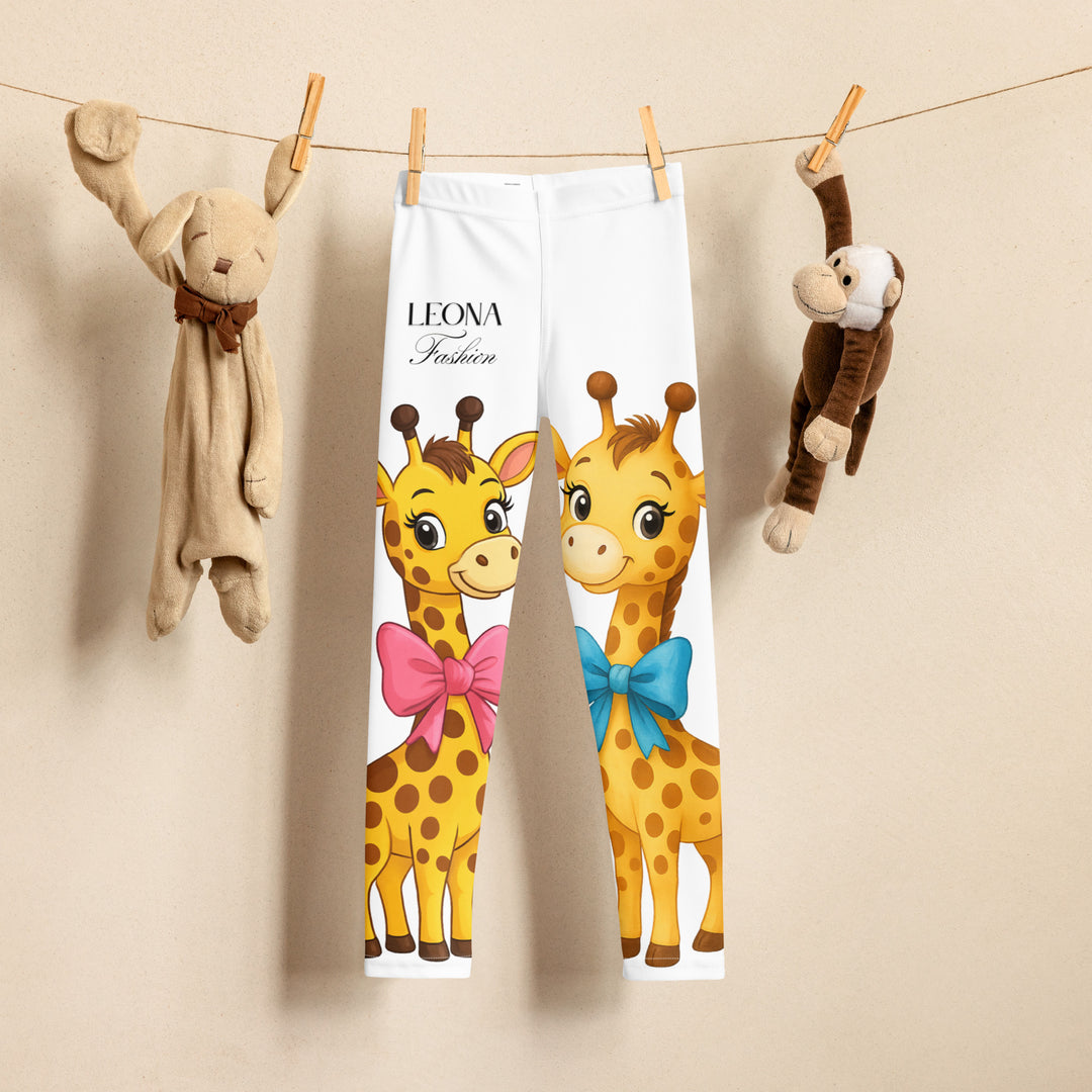  Giraffe Love Girls Leggings, white background with a full-length girl giraffe wearing a big pink bow around her neck on one leg, and a full-length boy giraffe with a blue bow around his neck on the other leg, front view on hanger