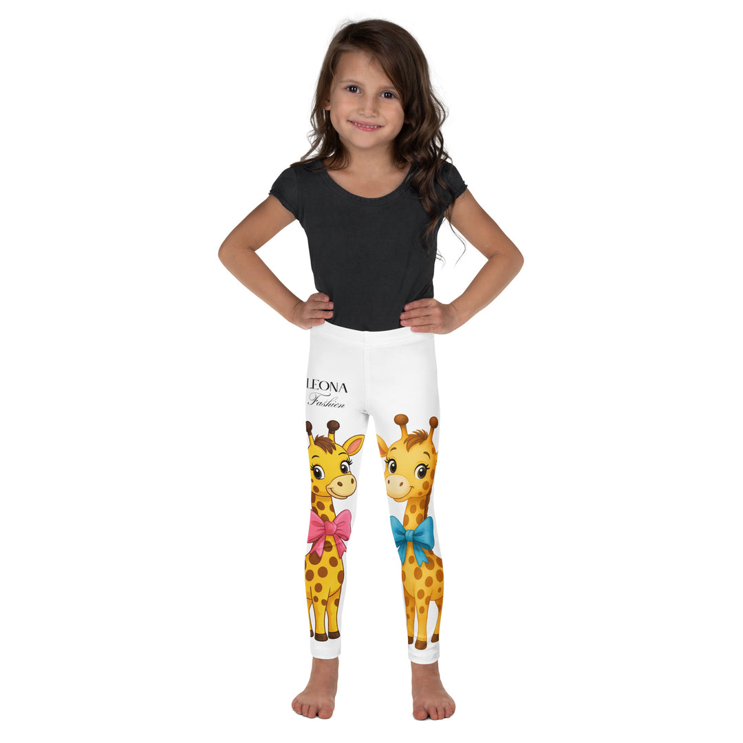 Giraffe Love Girls Leggings, white background with a full-length girl giraffe wearing a big pink bow around her neck on one leg, and a full-length boy giraffe with a blue bow around his neck on the other leg, front view on model