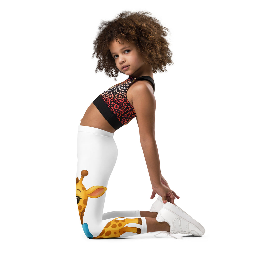 Giraffe Love Girls Leggings, white background with a full-length girl giraffe wearing a big pink bow around her neck on one leg, and a full-length boy giraffe with a blue bow around his neck on the other leg, left side view kneeling on model