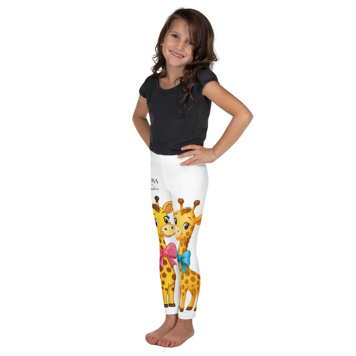 Giraffe Love Girls Leggings, white background with a full-length girl giraffe wearing a big pink bow around her neck on one leg, and a full-length boy giraffe with a blue bow around his neck on the other leg, left side view on model
