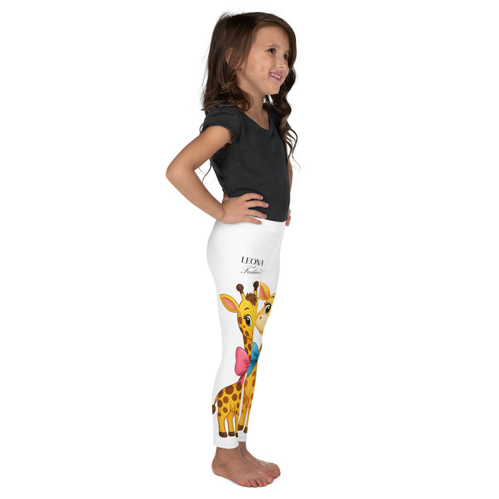 Giraffe Love Girls Leggings, white background with a full-length girl giraffe wearing a big pink bow around her neck on one leg, and a full-length boy giraffe with a blue bow around his neck on the other leg, right side view on model
