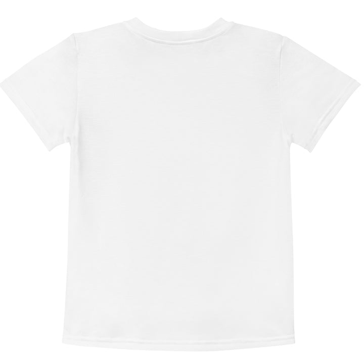 Giraffe Love Girls T-shirt, white background with a girl giraffe shown from the neck up, wearing a big pink bow around her neck and surrounded by blue and yellow butterflies, back view