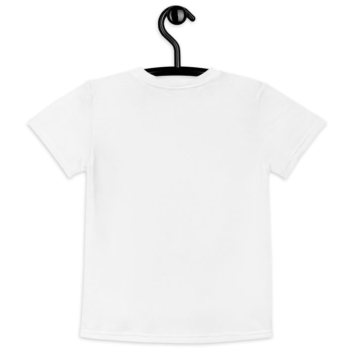 Giraffe Love Girls T-shirt, white background with a girl giraffe shown from the neck up, wearing a big pink bow around her neck and surrounded by blue and yellow butterflies, back view on hanger