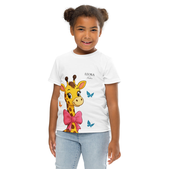  Giraffe Love Girls T-shirt, white background with a girl giraffe shown from the neck up, wearing a big pink bow around her neck and surrounded by blue and yellow butterflies, front pose with arms at sides on model-with a visible 'Leona Fashion' text on the design