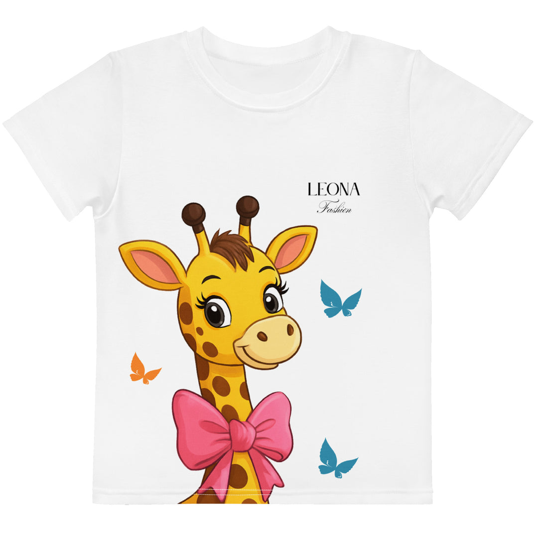 Giraffe Love Girls T-shirt, white background with a girl giraffe shown from the neck up, wearing a big pink bow around her neck and surrounded by blue and yellow butterflies, front view-with a visible 'Leona Fashion' text on the design