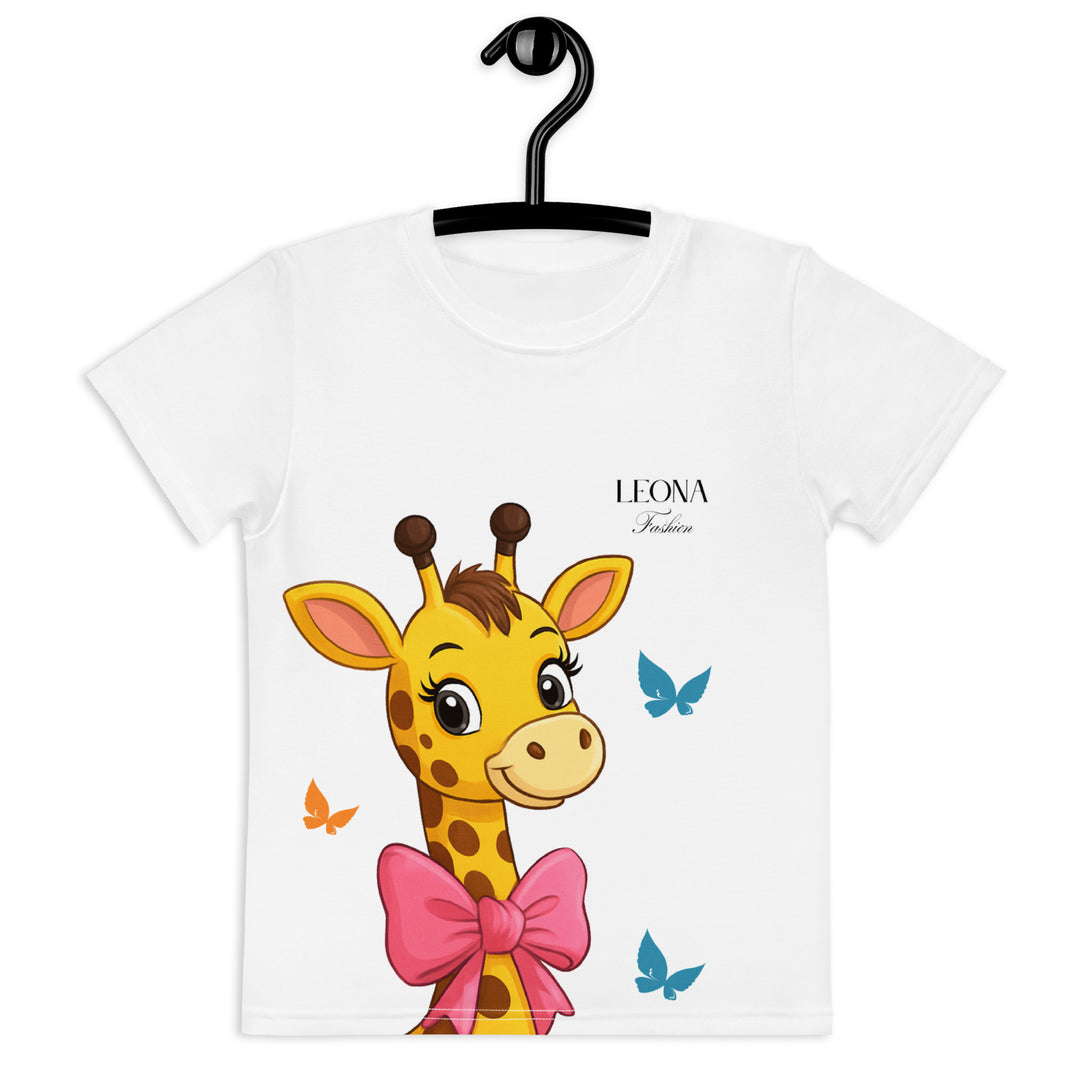  Giraffe Love Girls T-shirt, white background with a girl giraffe shown from the neck up, wearing a big pink bow around her neck and surrounded by blue and yellow butterflies, front view on hanger-with a visible 'Leona Fashion' text on the design