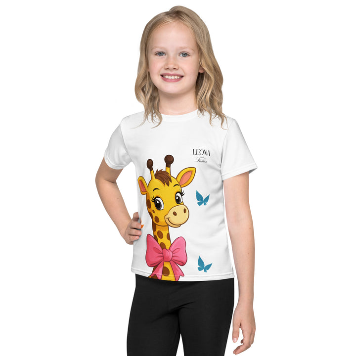  Giraffe Love Girls T-shirt, white background with a girl giraffe shown from the neck up, wearing a big pink bow around her neck and surrounded by blue and yellow butterflies, front view on model-with a visible 'Leona Fashion' text on the design